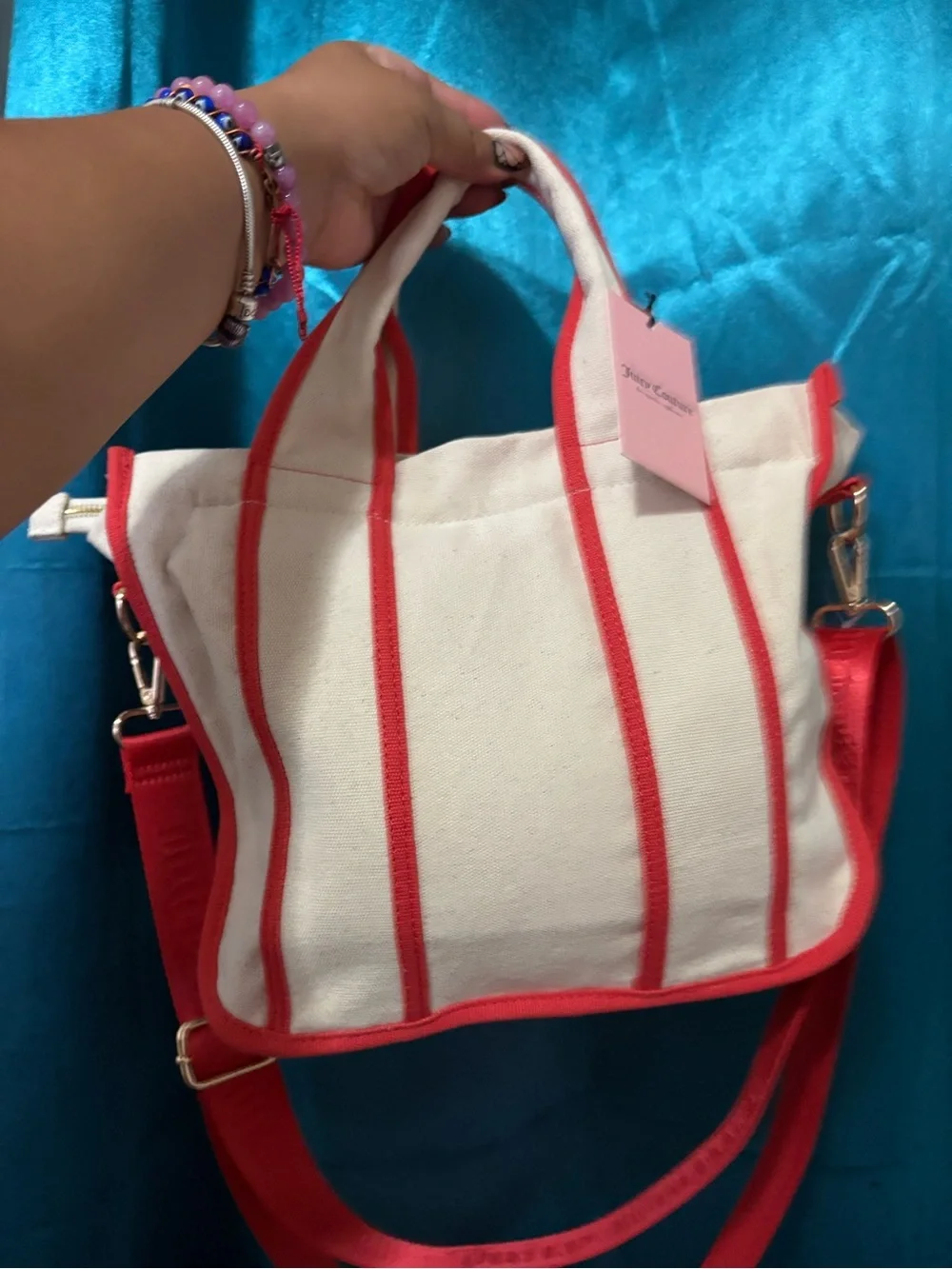 Juicy Couture Cream Canvas Tote with Red Trim and Strawberry Charm